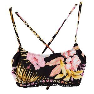 Floral Crisscross Swim Top With Crochet Hem & Adjustable Straps